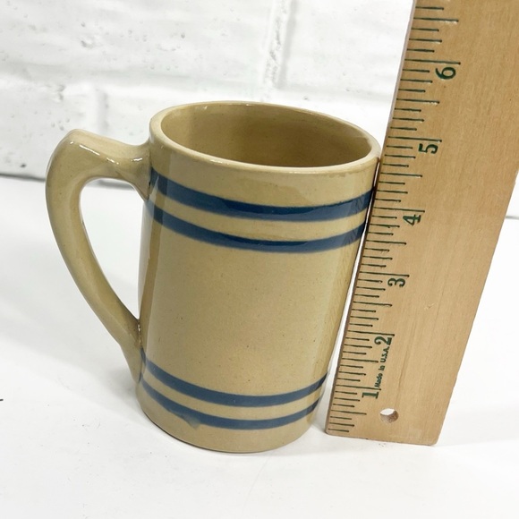 VINTAGE BUCKEYE Pottery Mug Tan Yellowware with Blue Stripes - Picture 5 of 5